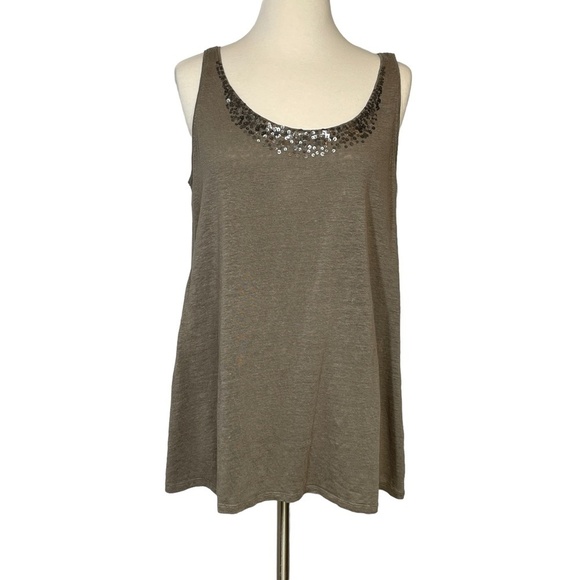 Eileen Fisher Taupe 100% Linen Tank Top w/Sequined Neckline Sz M - Picture 5 of 7